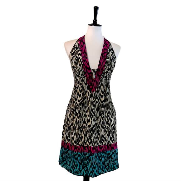 Nanette Lepore Y2K Silk Animal Print Halter V Neck Mini Dress Women's Size 6 - Picture 1 of 12
